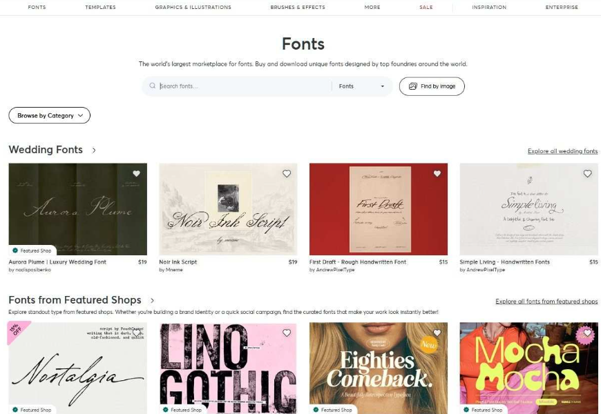 Creative Market字体分类页首屏,Wedding Fonts专区展示Aurora Plume奢华婚礼字体19美元、Noir Ink Script 19美元、First Draft手写字体15美元、Simple Living手写字体15美元