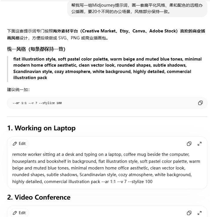 ChatGPT生成Midjourney提示词的截图,输出一段统一风格描述(扁平化插画、柔和粉彩配色、暖米色与低饱和蓝、北欧风、白色背景、商用插画包)并建议统一加上参数,下面是第一个场景笔记本办公的完整提示词