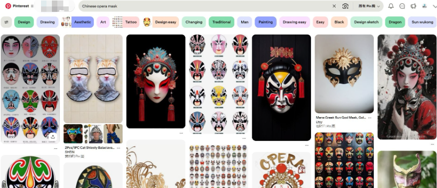 Pinterest搜索Chinese opera mask的结果页,满屏京剧脸谱图片,顶部有Design、Tattoo、Painting等分类标签,右侧一张图挂着Etsy商品链接