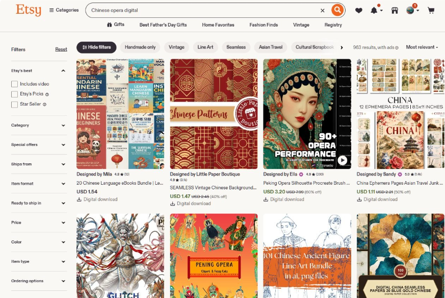 Etsy搜索Chinese opera digital共963个结果,京剧剪影Procreate笔刷标价3.20美元,中国风无缝底纹1.47美元,均为数字下载