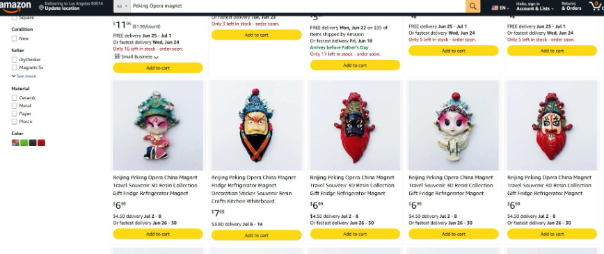 亚马逊搜索Peking Opera magnet的结果页,多款京剧脸谱3D树脂冰箱贴标价6.90至7.05美元