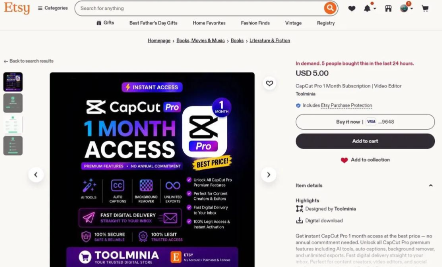 Etsy商品详情页,Toolminia店铺的CapCut相关数字商品标价5美元,页面提示最近24小时有5个人购买,商品形式为数字下载