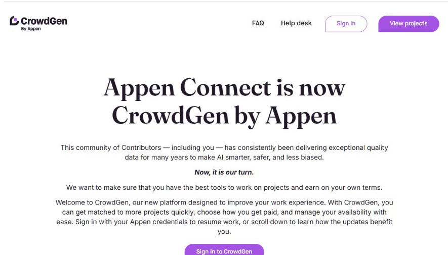 CrowdGen官网公告页,写着Appen Connect is now CrowdGen by Appen,说明贡献者平台已改名