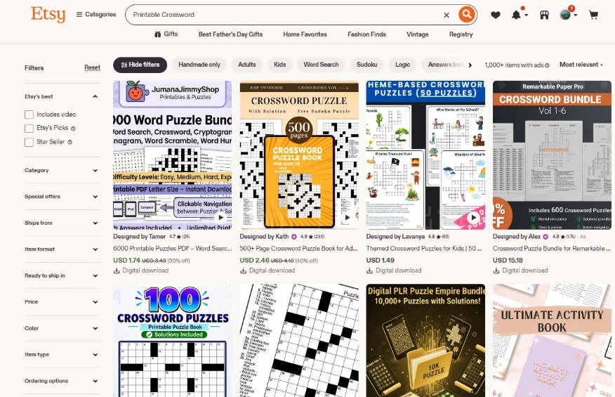 Etsy搜索Printable Crossword的结果页,1000多个商品,包括6000题谜题合集1.74美金、500页成人填字书2.46美金、儿童主题填字1.49美金、600题填字合集15.18美金