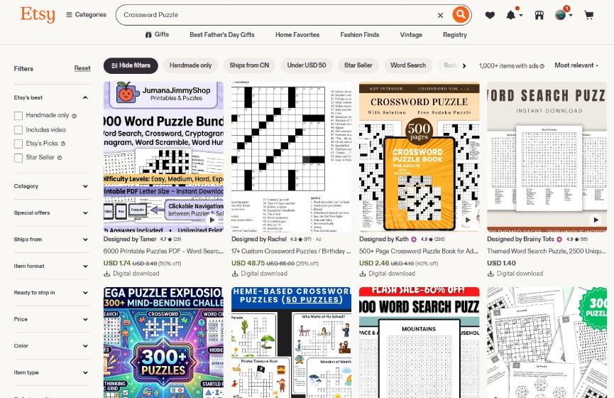 Etsy搜索Crossword Puzzle的结果页,其中17题以上的定制生日填字游戏售价48.75美金,原价65美金,4.8星97条评价