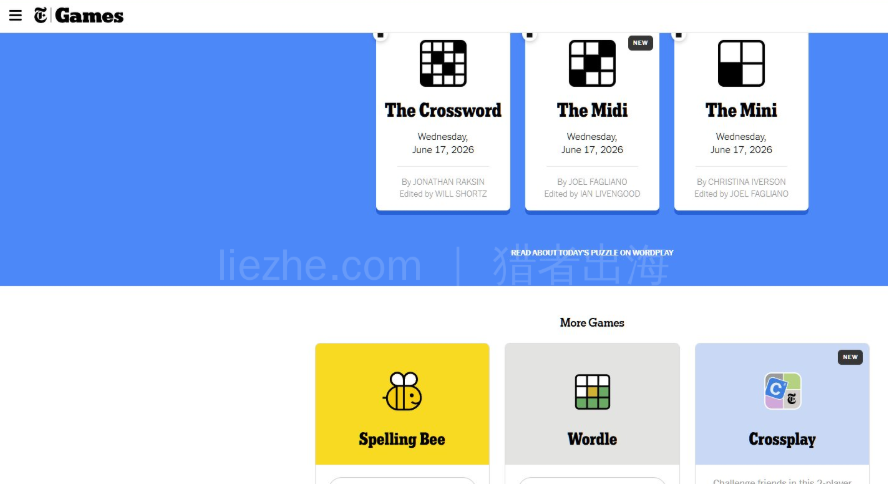 纽约时报Games频道页面,每日更新The Crossword、The Midi、The Mini三种填字游戏,下方还有Spelling Bee和Wordle等文字游戏