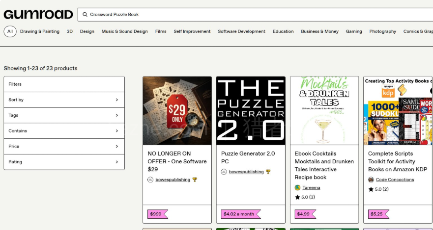 Gumroad平台搜索Crossword Puzzle Book的结果,全站只有23个相关产品,且多数是生成器软件和KDP脚本工具,而非填字游戏成品
