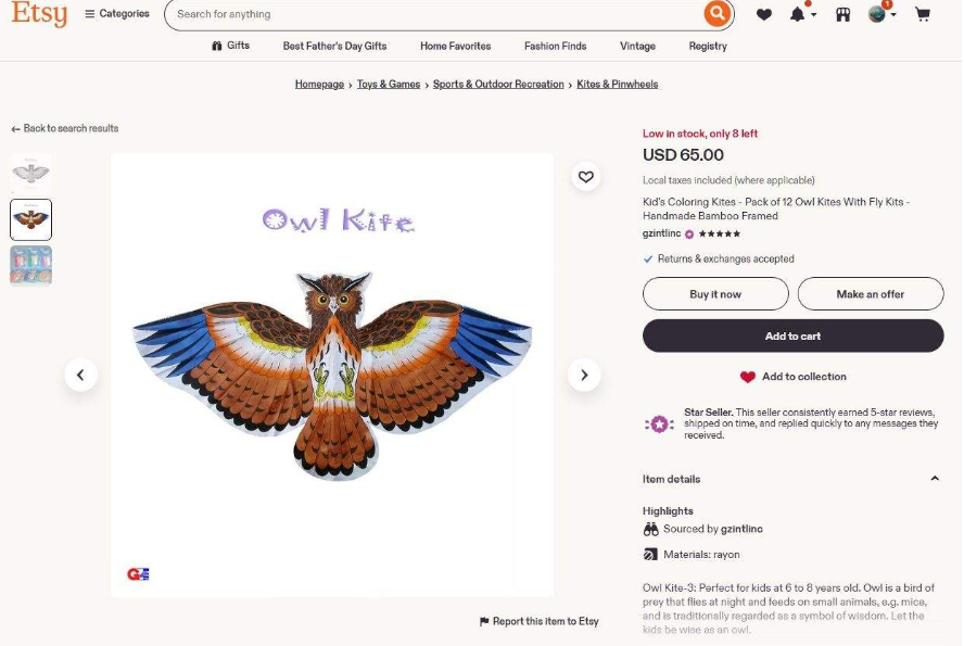Etsy上一款中国手工猫头鹰风筝的商品详情页,标价65美元,卖家挂着五星Star Seller标志,页面显示库存只剩8只,商品是12只装儿童涂色风筝竹架手工制作