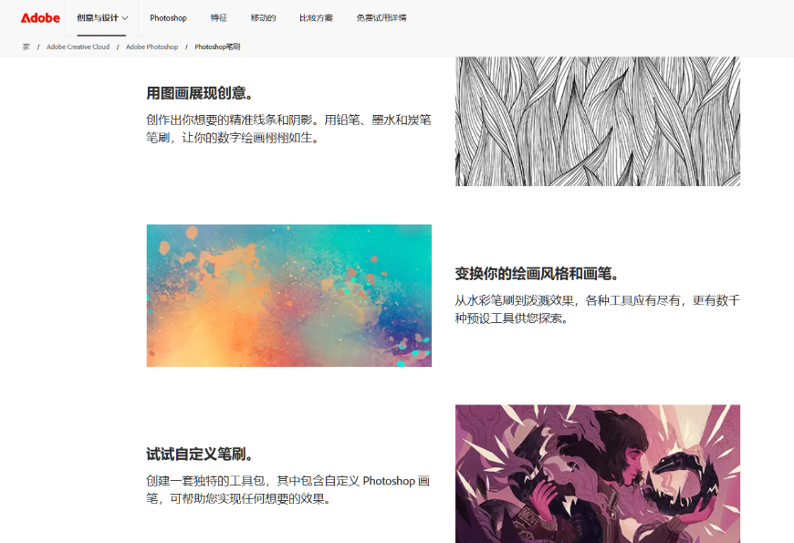 Adobe官网的Photoshop笔刷介绍页面,展示铅笔墨水炭笔笔刷画出的线条和阴影效果,水彩泼溅效果,以及自定义笔刷工具包的说明