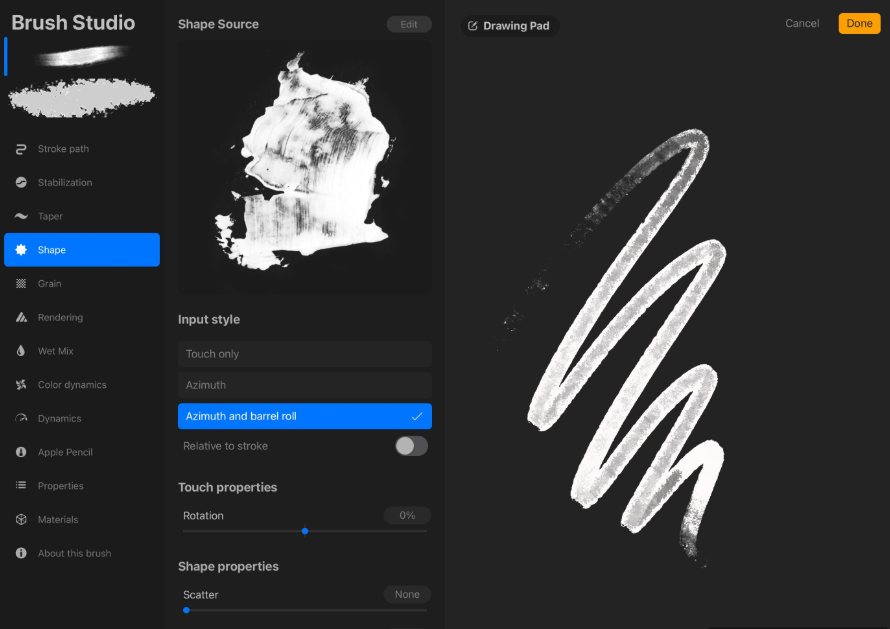 Procreate笔刷工作室界面,左侧是笔刷参数分类列表,中间形状来源导入了一张黑白笔触图,右侧绘图板上正在试画笔触效果,可以边调参数边看效果
