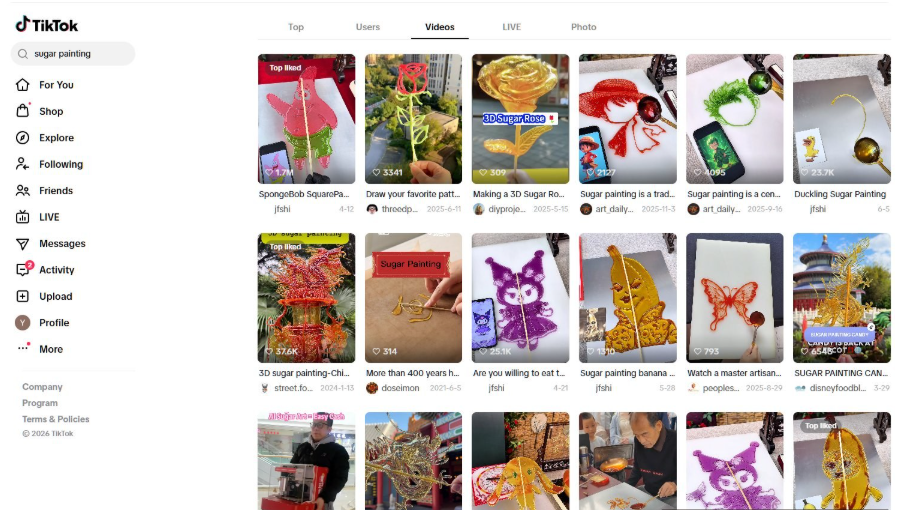 TikTok搜索sugar painting的结果页，多条糖画短视频，海绵宝宝造型糖画点赞170万挂着Top liked标，3D立体糖画点赞37.6万，其他糖画视频点赞从几百到2.5万不等