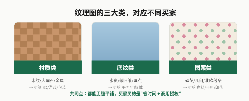纹理素材三大类对照图:材质类(木纹、大理石、金属)卖给做3D、游戏、包装的人;底纹类(水彩、做旧纸、噪点)卖给做平面设计和自媒体的人;图案类(碎花、几何、北欧线条)卖给做布料、手账、印花的人