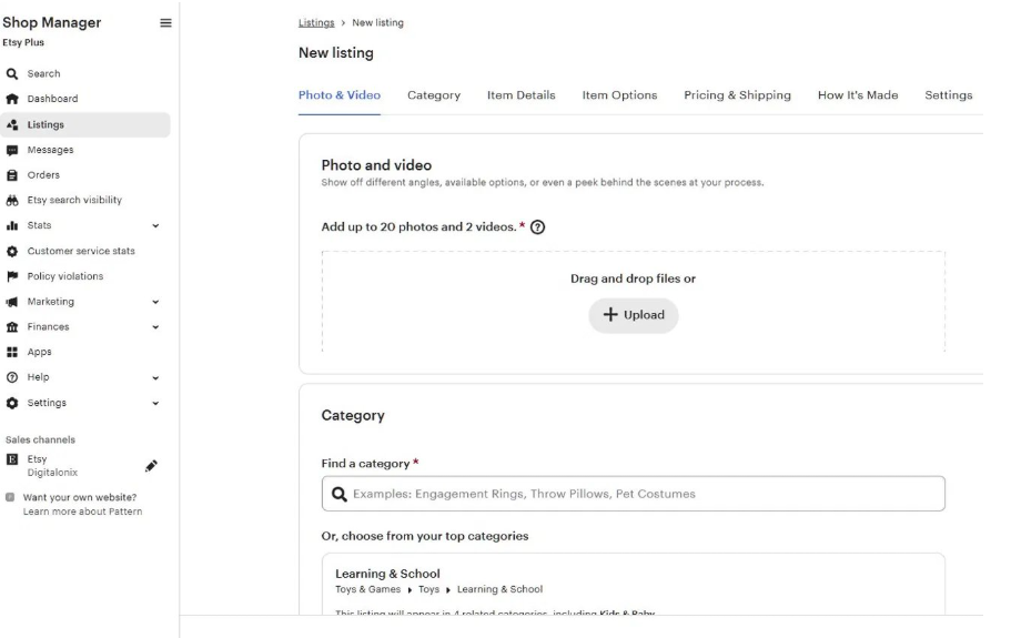Etsy卖家后台Shop Manager的新建商品页面,左侧是Listings、Orders、Stats等管理菜单,中间从上到下依次是上传图片视频、选择分类、填写商品详情、定价与配送