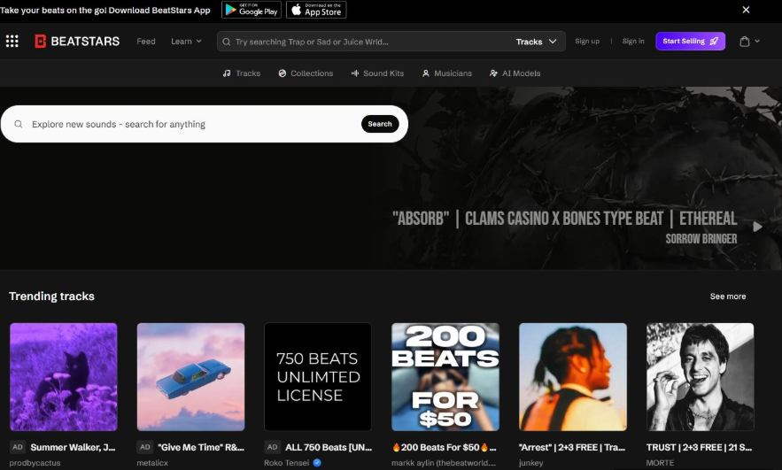 Beatstars官网首页,顶部是搜索框和Start Selling按钮,下面Trending tracks一排在售伴奏,可见750 Beats Unlimited License、200 Beats For $50等打包商品