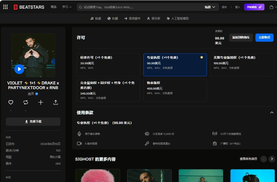 Beatstars上SIGHOST的伴奏页面,授权档位:标准许可39.99美元、专业执照99.99美元、无限专业版授权199.99美元、完全盈利权加同步权加终身349.99美元、独家版权499.99美元