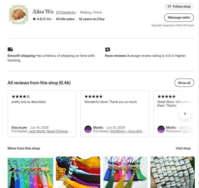 Etsy卖家Alisa Wu的店铺页面DIYbeads4u，标注Beijing China，4.8星评分共6.4k条评价，40.8k sales总销量，12 years on Etsy已开店12年，下方是买家好评和店内其他商品