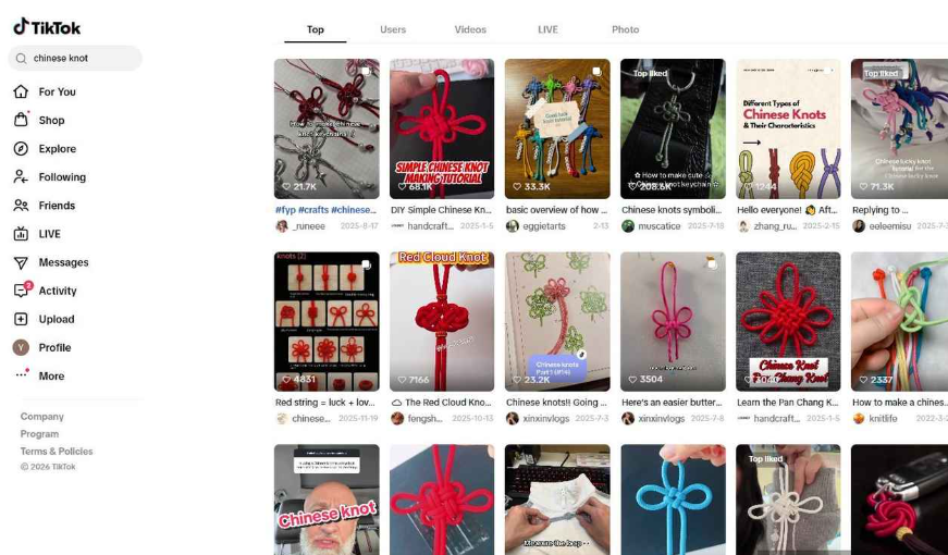 TikTok搜索chinese knot的结果页，满屏中国结教程和成品展示视频，点赞数从两三千到七十多万不等，其中多条标着Top liked，内容包括编法教程、包挂展示、中国结种类科普