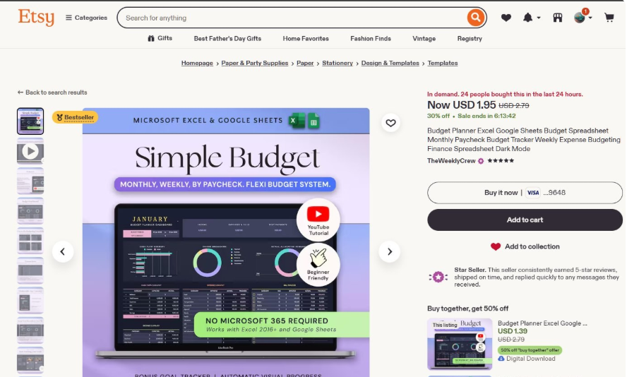 Etsy卖家TheWeeklyCrew的Simple Budget预算表产品页,售价1.95美金,页面标注过去24小时内24人下单,带Bestseller和Star Seller标识