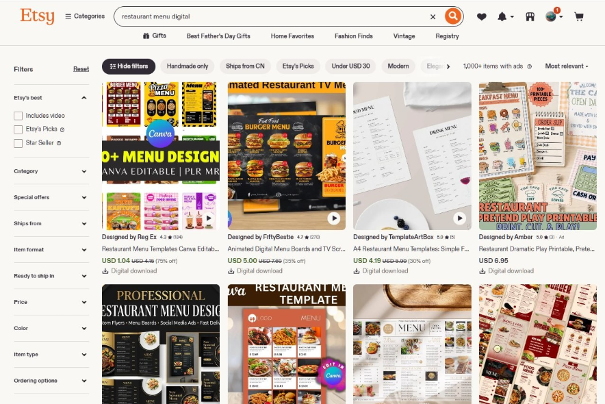 Etsy搜索restaurant menu digital的结果页,1000多个在售商品,价格从1.04美金到6.95美金不等,包括Canva可编辑菜单套装、动态菜单屏、A4餐厅菜单模板,全是数字下载