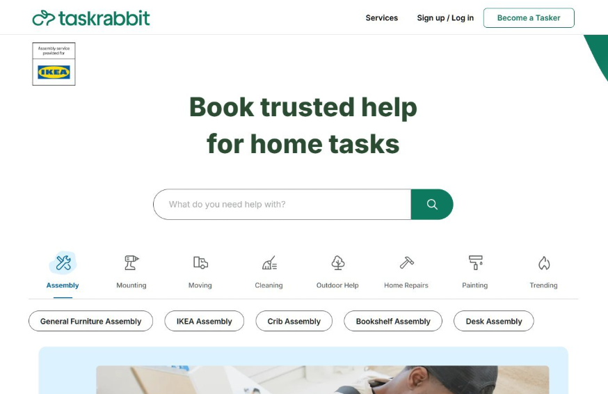 TaskRabbit官网首页,主标题Book trusted help for home tasks,左上角挂着宜家IKEA的合作标识,下方是家具组装、安装、搬家、清洁等服务分类