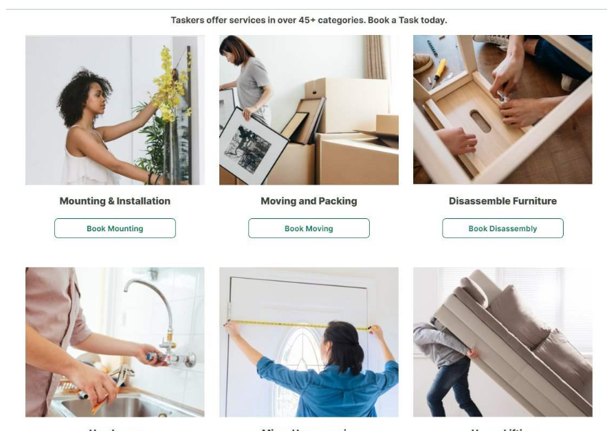 TaskRabbit服务类目页,显示Taskers offer services in over 45+ categories,下方是安装挂载、搬家打包、家具拆卸、水管小修、房屋测量、重物搬运等六类服务卡片