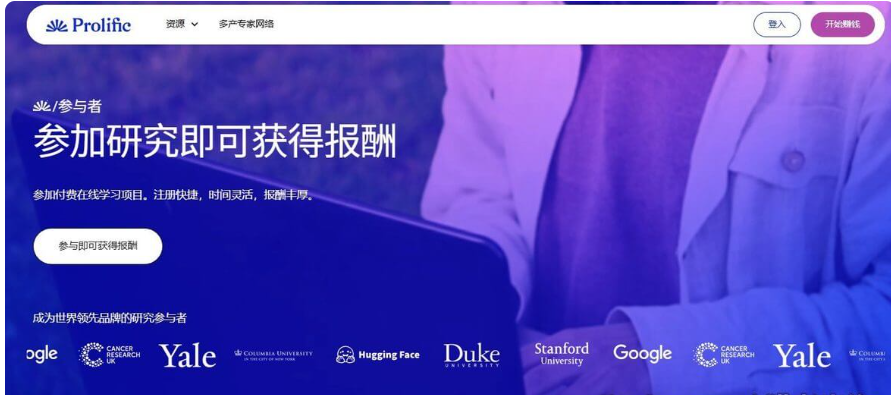 Prolific参与者页面中文版,标题写着参加研究即可获得报酬,下方是合作机构logo墙:Google、Cancer Research UK、耶鲁大学、哥伦比亚大学、Hugging Face、杜克大学、斯坦福大学