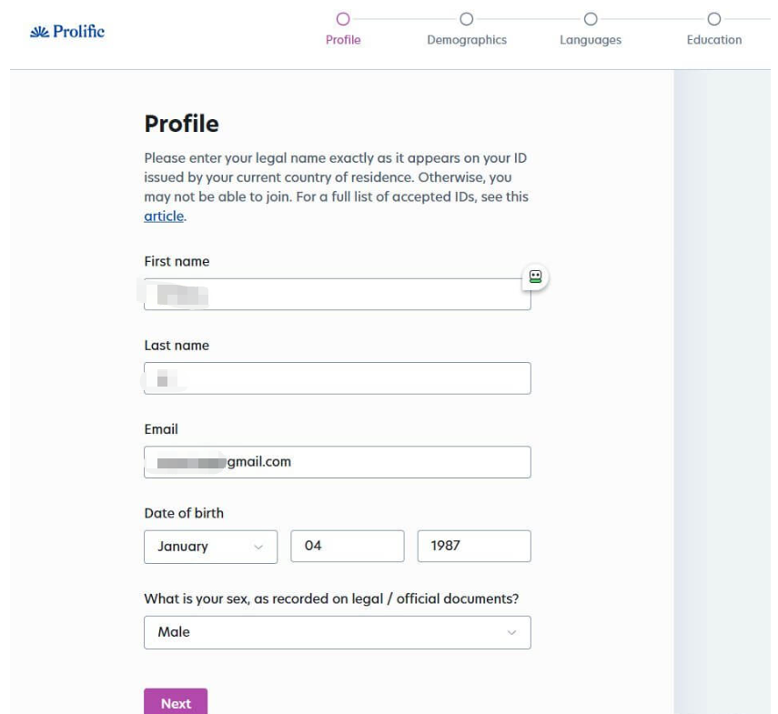 Prolific注册第一步Profile页面,提示必须填写与现居国签发证件完全一致的法定姓名,下方是名、姓、邮箱、出生日期、法定性别等填写项