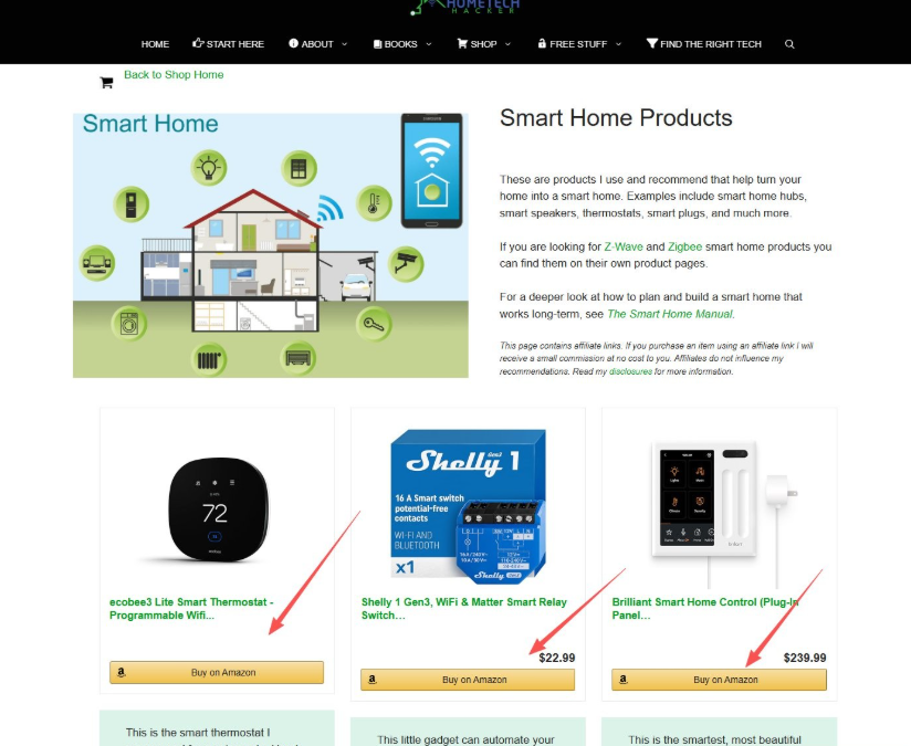 HomeTechHacker网站的智能家居产品推荐页,每个产品下方都有Buy on Amazon的橙色按钮,Shelly智能继电器22.99美元,Brilliant智能家居控制面板239.99美元