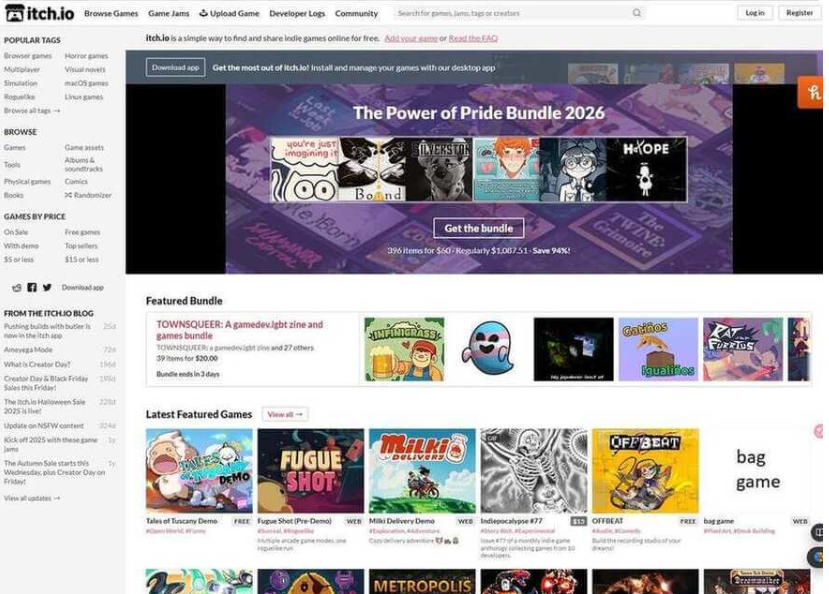 itch.io网站首页,中间是2026年骄傲月合集banner显示396件商品售价60美元原价1067.51美元省94%,下方是精选合集和最新精选游戏列表