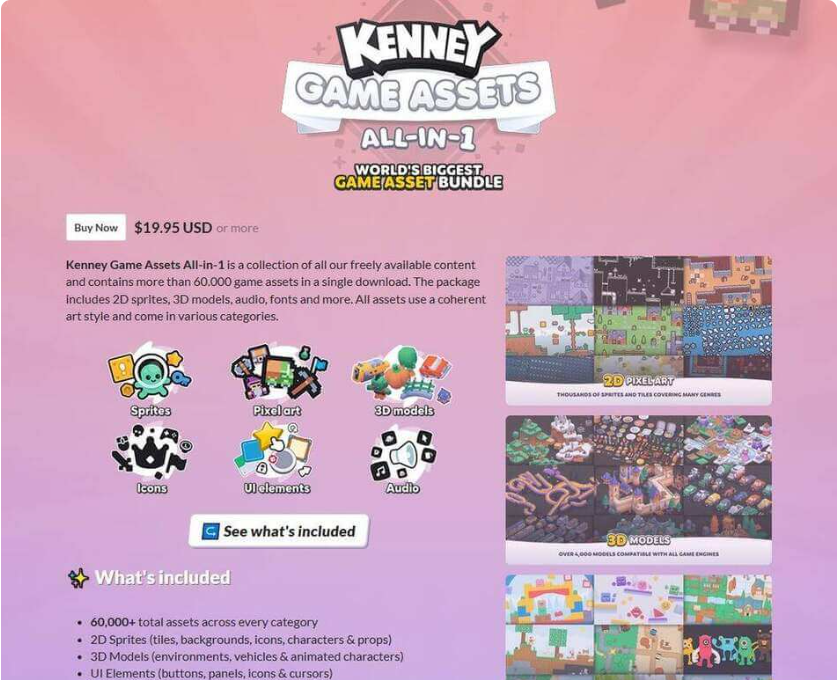 itch.io上Kenney游戏素材全能包的商品页面,售价19.95美元起,包含超过60000个游戏素材,涵盖2D精灵图、3D模型、图标、界面元素和音频六大类