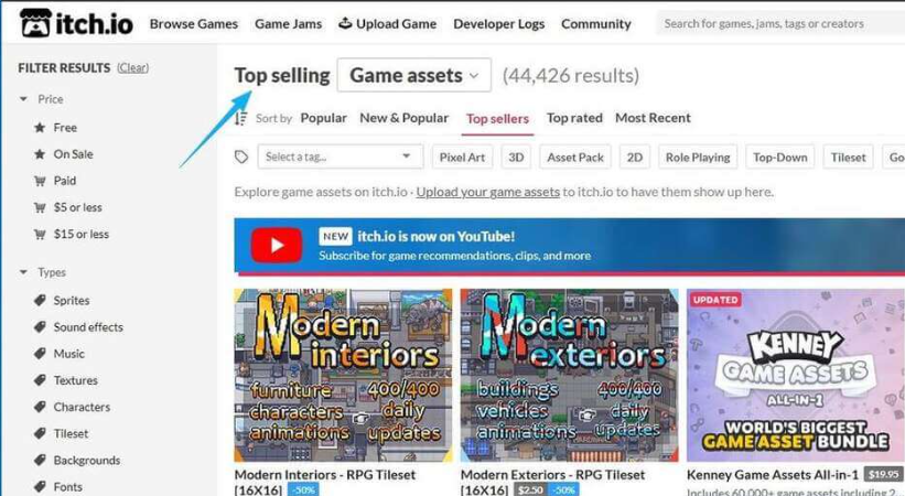 itch.io游戏素材热销榜页面,共44426个付费素材在售,排在最前面的是Modern Interiors现代室内RPG图块集打五折、Modern Exteriors现代户外RPG图块集、Kenney游戏素材全能包19.95美元