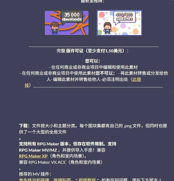 itch.io上Modern Interiors素材包页面的许可证说明部分,标注35000次下载和400次更新的里程碑,完整版许可证至少支付1.50美元,说明买家可在商业和非商业项目中使用但不可转售