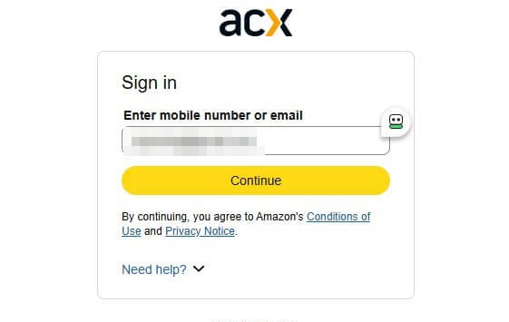 ACX登录页面,Sign in标题下方是Enter mobile number or email输入框和黄色Continue按钮,底部提示继续即表示同意亚马逊的使用条件和隐私声明