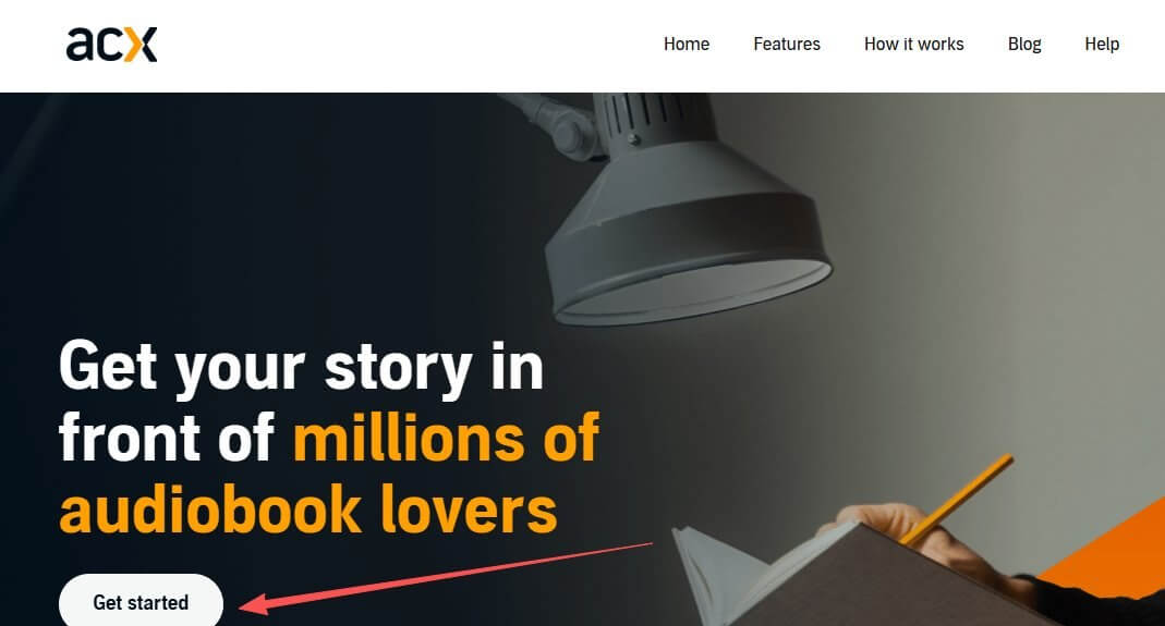 ACX官网首页,页面大字写着Get your story in front of millions of audiobook lovers,左下角是Get started注册入口,顶部导航有Home、Features、How it works、Blog、Help
