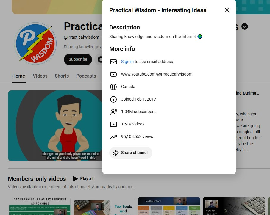 YouTube无脸动画频道Practical Wisdom的信息卡,显示104万订阅、1519条视频、9510万次总播放,2017年在加拿大注册