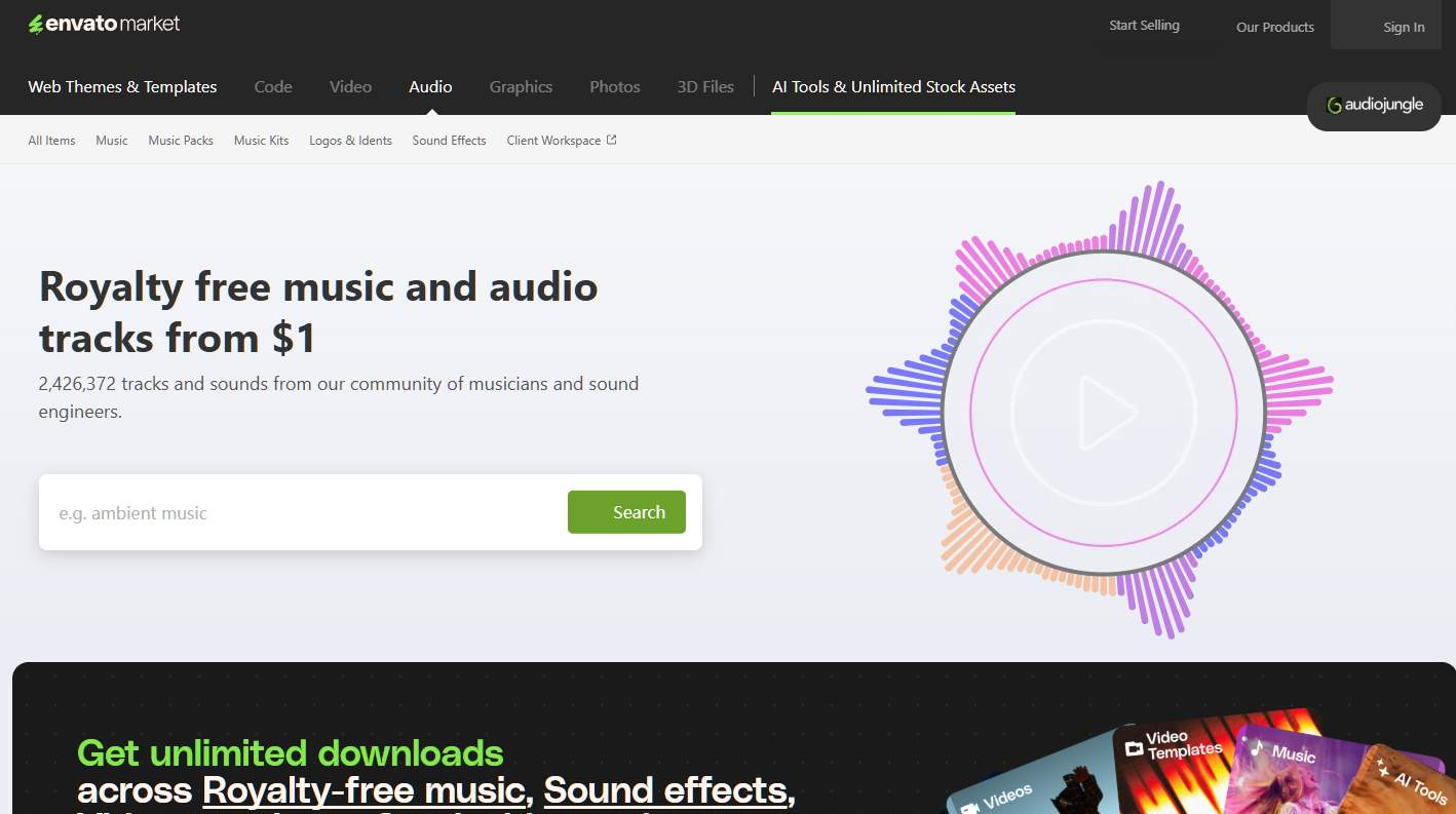 AudioJungle背景音乐和音效素材市场首页,站内在售242万条曲子和音效,标价从1美元起