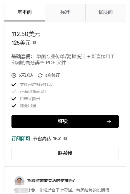 Fiverr海报设计服务的基础套餐页面,标价112.5美元,原价125美元,内容是单面专业传单海报设计加可印刷的高分辨率PDF文件,5天送达3次修订