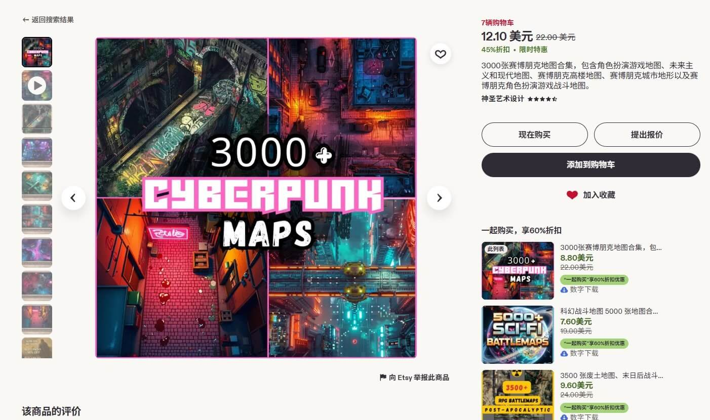 Etsy上一个3000张赛博朋克地图合集的商品页,原价22美元现价12.10美元、45%折扣、4.5分31条评价,右侧还有5000张科幻战斗地图和3500张废土地图的搭配购买