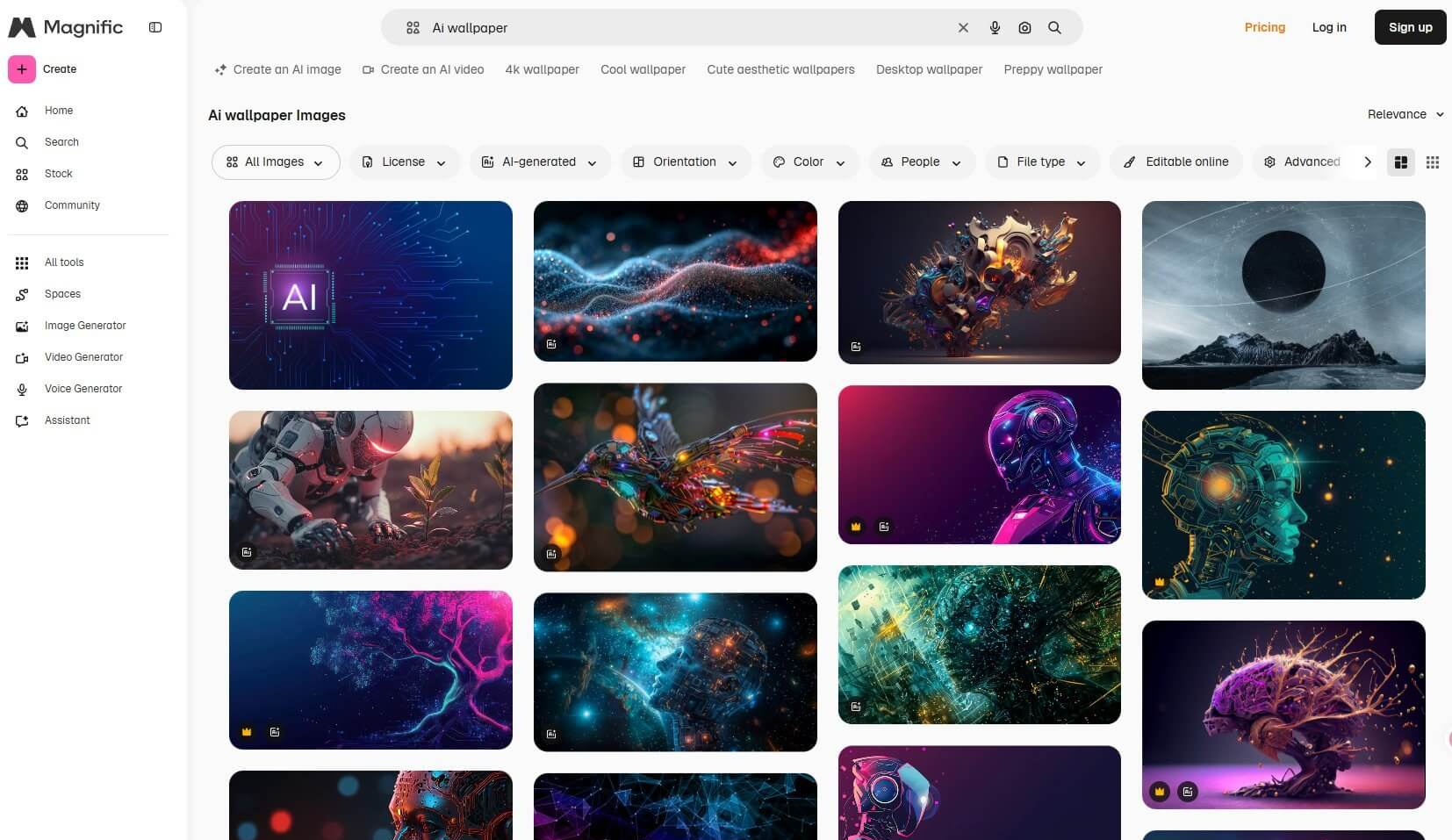 AI图片生成和放大工具的界面,海量AI生成的壁纸按4K、Cool、Cute、Desktop等主题分类排列