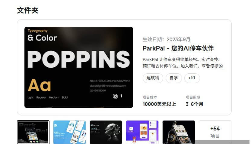 Fiverr机构的项目案例展示页，一个叫ParkPal的AI停车应用项目，标注项目成本10000美元以上、项目周期3到6个月，下方还有54个其他项目