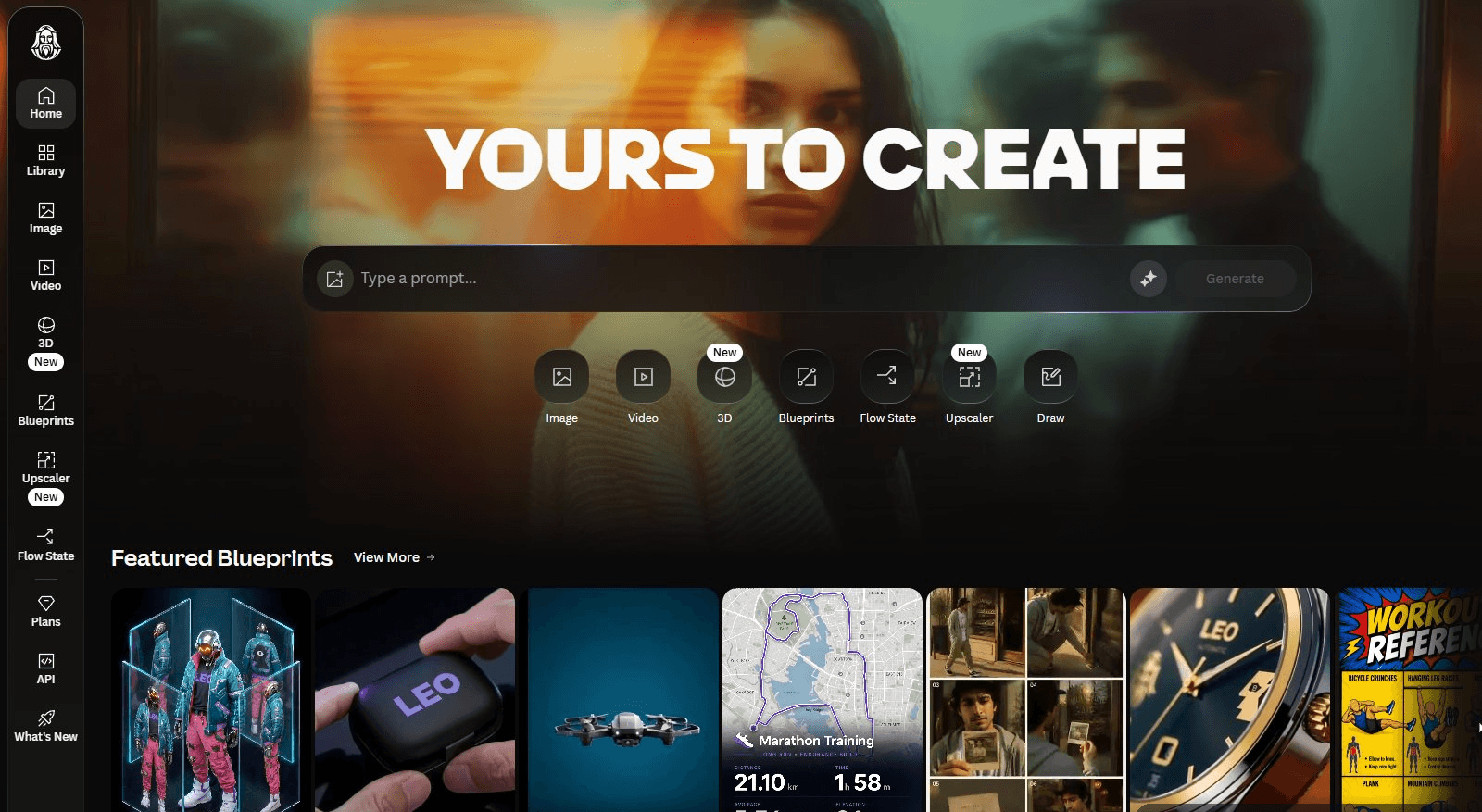 Leonardo这类AI出图工具的首页界面，主视觉写着YOURS TO CREATE，中间是提示词输入框，下方一排功能按钮包括图像、视频、3D、蓝图、Flow State、放大、绘制，再往下是精选模板案例