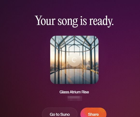 AI音乐生成完成的页面,中间是曲子封面图和曲名Glass Atrium Rise,下方有前往工具主页和分享两个按钮