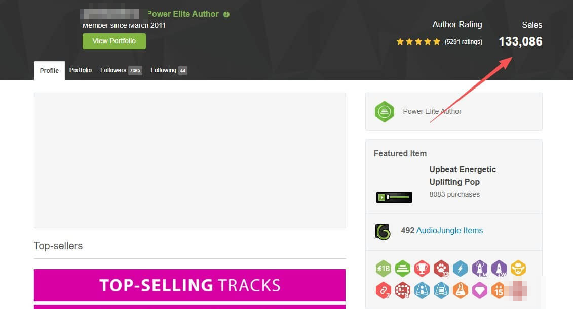 AudioJungle顶级作者pinkzebra的主页,右上角显示累计销量133086笔和5291个买家评分,右侧显示他有492首在售曲目