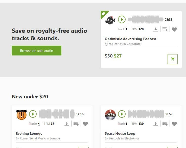 AudioJungle买家页面的促销区,一首企业播客风格的曲子原价30美元促销价27美元,下方新品区标着20美元以下的曲目