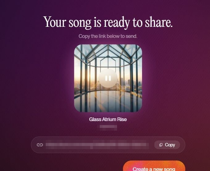 AI生成好的音乐分享页面,显示可以复制链接把生成的曲子发给别人试听,页面上有播放按钮和曲目信息