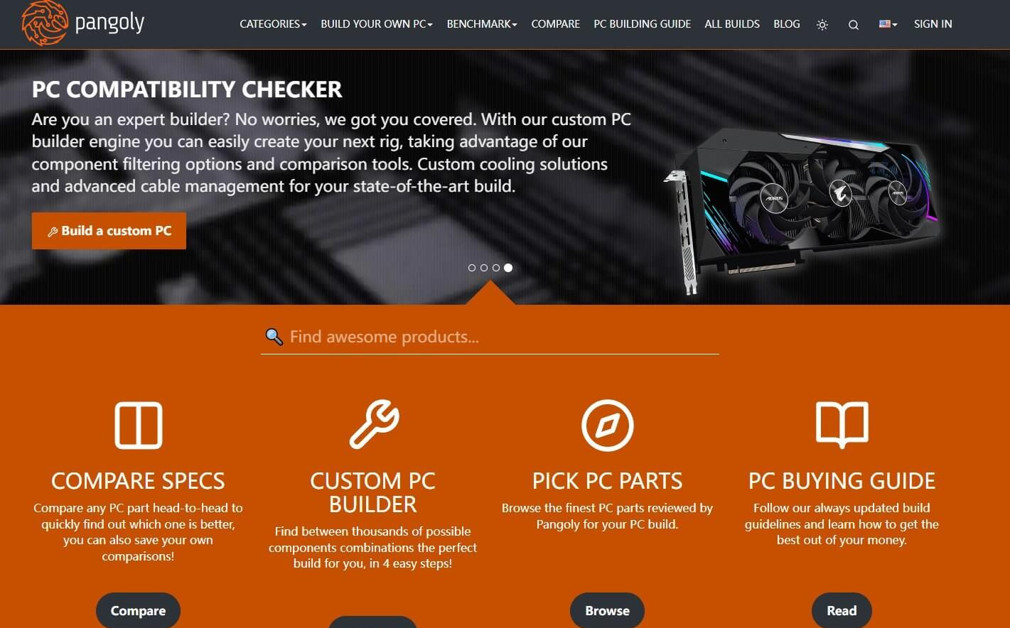 pangoly比价网站首页,主打PC装机兼容性检查工具,下方四个功能入口:参数对比、装机配置器、挑选配件、购买指南