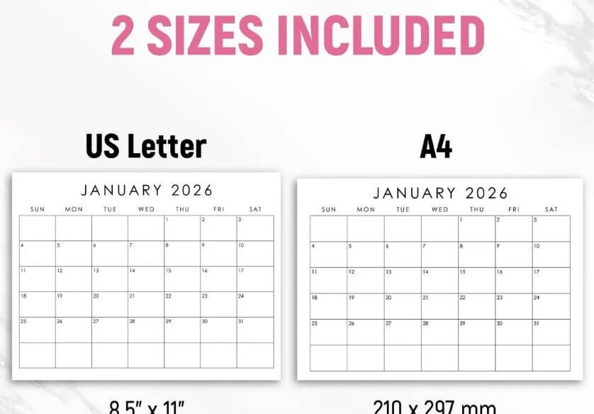 Etsy头部卖家的日历模板商品图，标注2 SIZES INCLUDED，左边US Letter尺寸8.5乘11英寸，右边A4尺寸210乘297毫米，两份都是2026年1月的月历版式