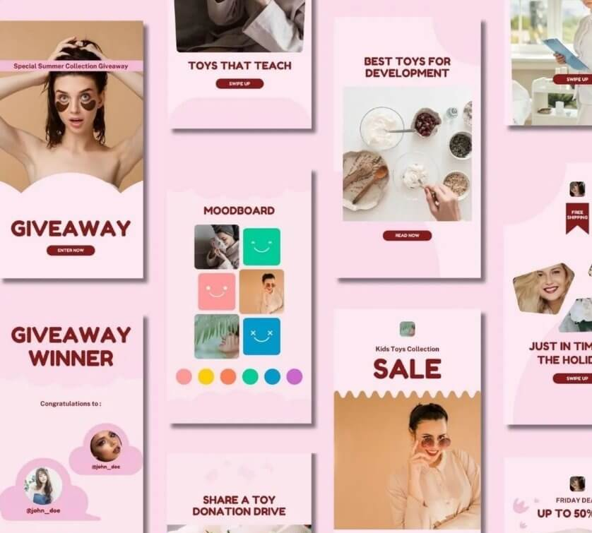 Etsy上一个儿童玩具方向的社交媒体模板包，整套Instagram帖子和Stories统一用粉色品牌配色，包含Giveaway抽奖、Moodboard、产品推荐、促销Sale等多种版式