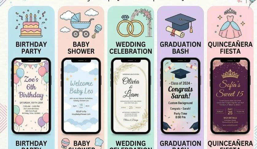Etsy上常见的活动邀请模板组合，从左到右分别是生日派对、Baby Shower、婚礼、毕业礼、Quinceañera拉美成人礼五种场景，每种配一张手机端预览效果