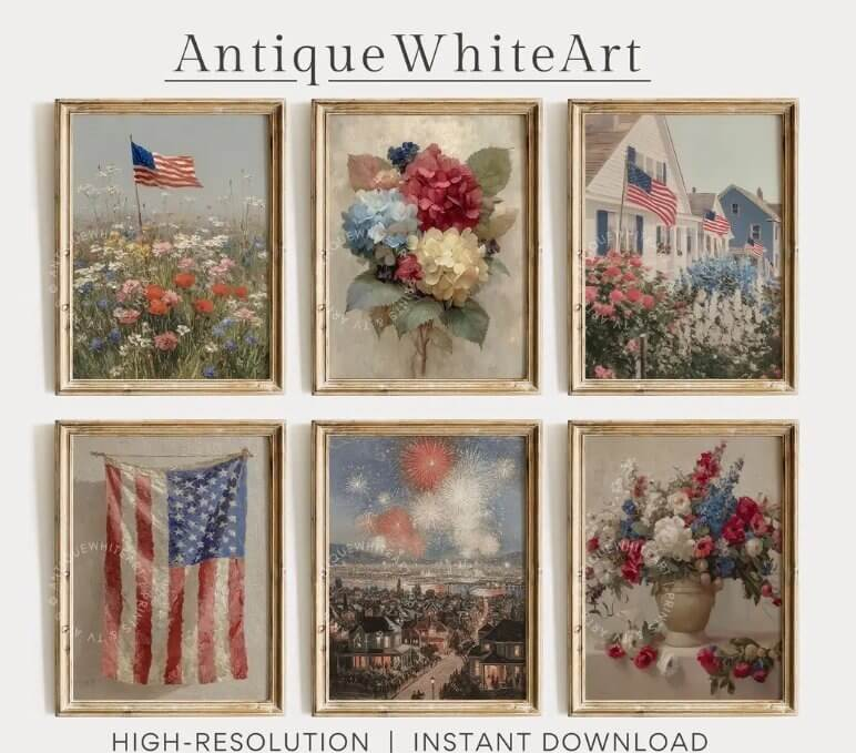 Etsy店铺AntiqueWhiteArt的复古油画风装饰画，6张一套配金色画框展示，画面上有淡淡的店铺水印，底部标注HIGH-RESOLUTION高清和INSTANT DOWNLOAD即时下载